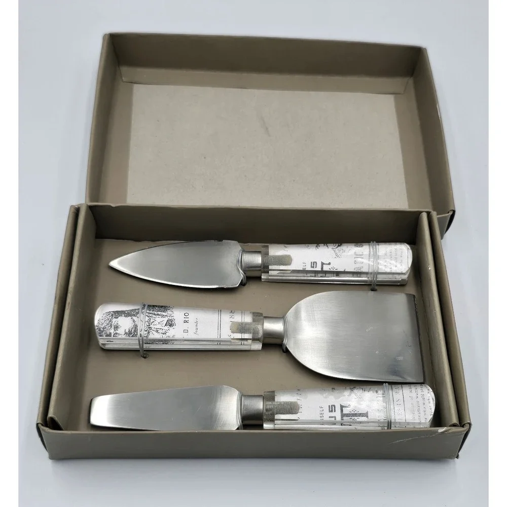 Vintage Style Cheese Knife Set 3pc Stainless Steel Acrylic Graphic Handles Boxed